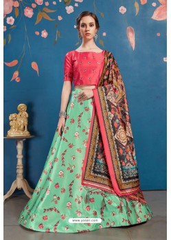 Mint And Crimson Art Silk Digital Printed Lehenga Choli