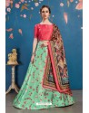 Mint And Crimson Art Silk Digital Printed Lehenga Choli