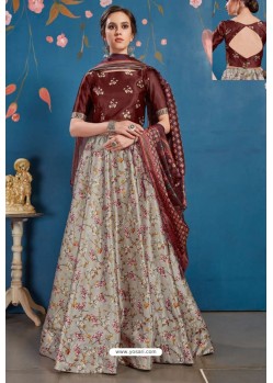 Grey And Maroon Art Silk Digital Printed Lehenga Choli