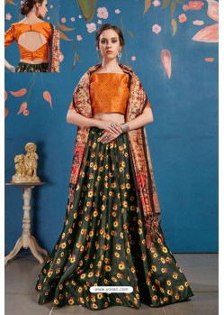 Dark Green And Orange Art Silk Digital Printed Lehenga Choli