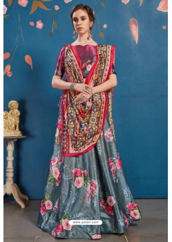 Grey And Multi Colour Art Silk Digital Printed Lehenga Choli