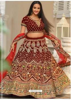 Maroon Velvet Stone Worked Lehenga Choli