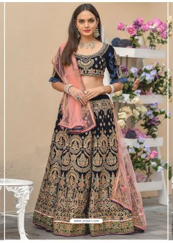 Navy Blue Velvet Stone Worked Lehenga Choli