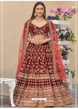 Stunning Maroon Velvet Stone Worked Lehenga Choli