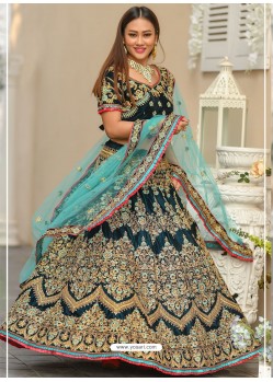 Teal Blue Velvet Stone Worked Lehenga Choli