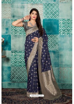 Navy Blue Banarasi Silk Designer Weaving Worked Saree