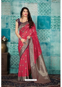 Rose Red Banarasi Silk Designer Weaving Worked Saree