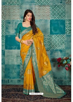 Yellow Banarasi Silk Designer Weaving Worked Saree