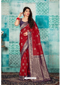 Red Banarasi Silk Designer Weaving Worked Saree