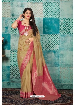 Beige Banarasi Silk Designer Weaving Worked Saree