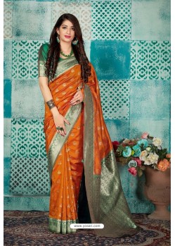 Orange Banarasi Silk Designer Weaving Worked Saree