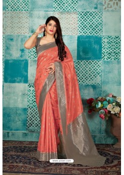 Peach Banarasi Silk Designer Weaving Worked Saree