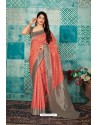 Peach Banarasi Silk Designer Weaving Worked Saree