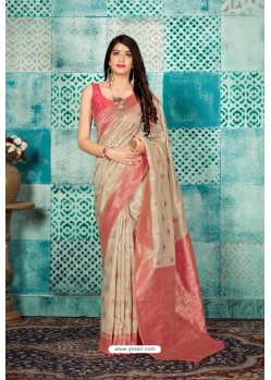 Light Beige Banarasi Silk Designer Weaving Worked Saree