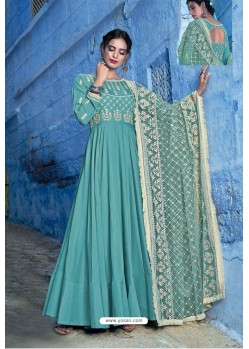 Turquoise Pure Maslin Lakhnavi Work Anarkali Suit