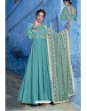 Turquoise Pure Maslin Lakhnavi Work Anarkali Suit