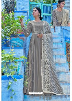 Grey Pure Maslin Lakhnavi Work Anarkali Suit