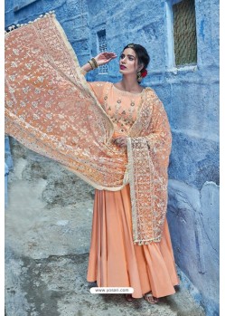 Light Orange Pure Maslin Lakhnavi Work Anarkali Suit