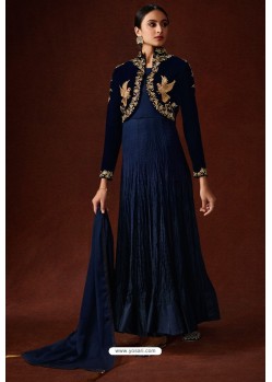 Navy Satin Georgette Designer Floor Length Suit