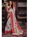 Off White And Red Cotton Printed Designer Saree