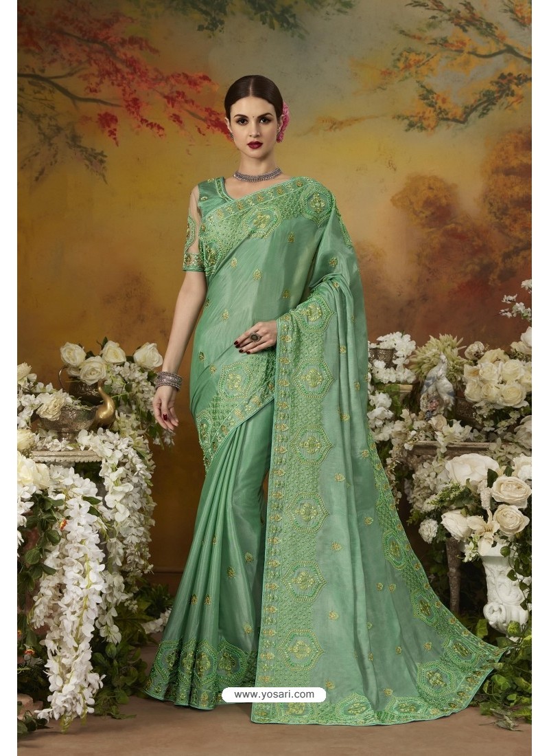 Buy Green Pure Silk Designer Party Wear Saree | Designer Sarees