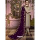 Beige And Purple Georgette Satin Embroidered Churidar Suit