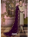 Beige And Purple Georgette Satin Embroidered Churidar Suit