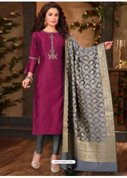 Deep Wine Banarasi Chanderi Designer Straight Suit