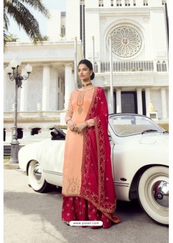 Peach And Red Pure Satin Georgette Designer Palazzo Suit