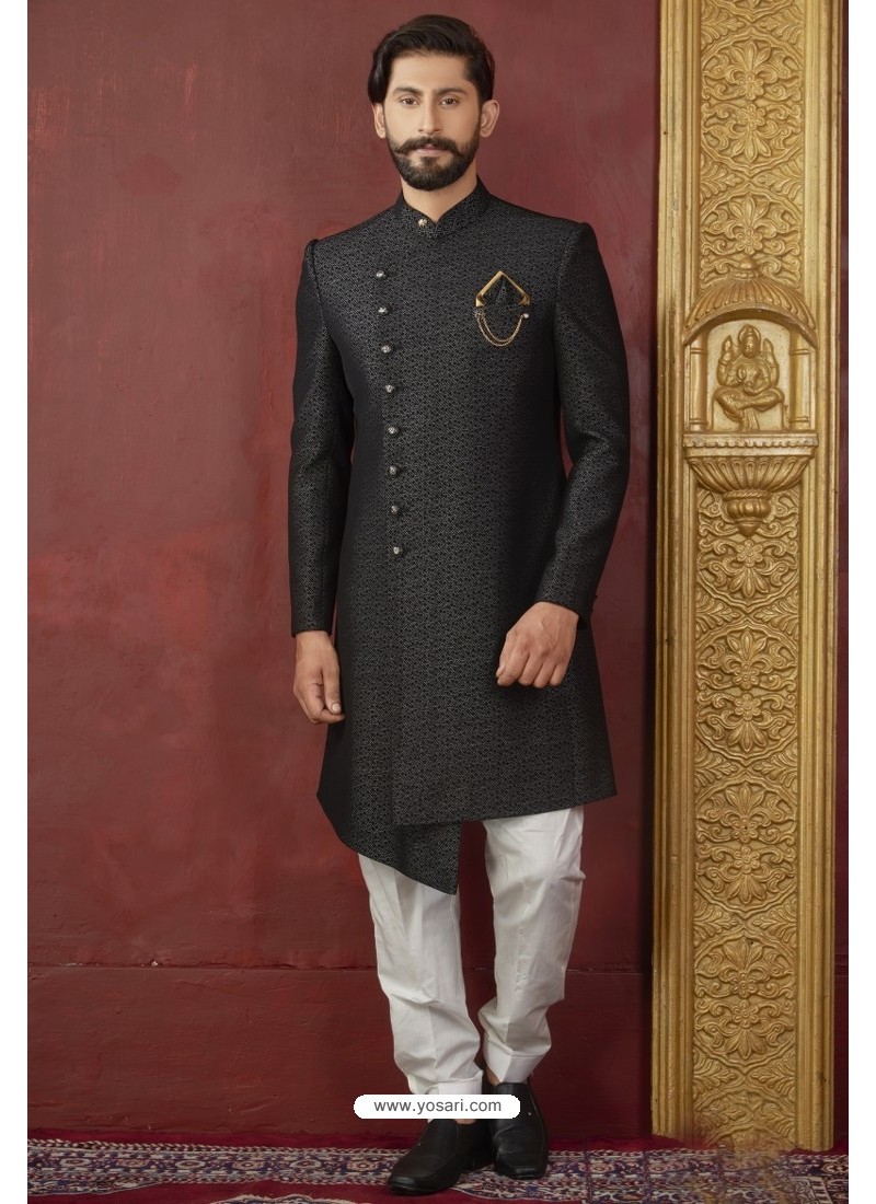 Buy Stunning Black Import Jacquard Designer Sherwani | Dhoti Style Sherwani