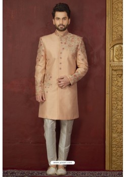 Stylish Peach Art Banarasi Silk Readymade Sherwani