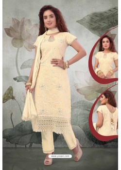 Cream Chanderi Embroidered Designer Suit