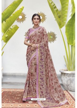 Light Brown Soft Digital Silk Printed Party Wear Saree