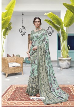 Aqua Grey Soft Digital Silk Printed Party Wear Saree