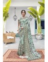 Aqua Grey Soft Digital Silk Printed Party Wear Saree