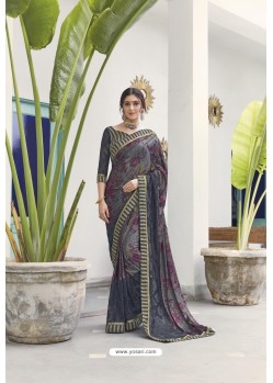 Dull Grey Soft Digital Silk Printed Party Wear Saree