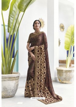 Coffee Soft Digital Silk Printed Party Wear Saree