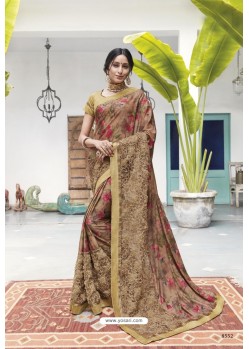 Beige Soft Digital Silk Printed Party Wear Saree