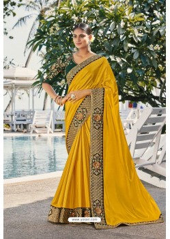 Yellow Silk Satin Georgette Designer Party Wear Saree