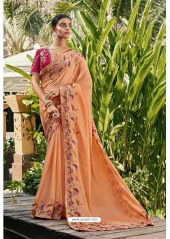 Light Orange Silk Satin Georgette Designer Party Wear Saree