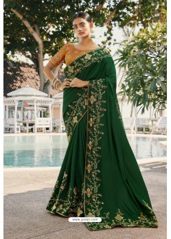 Dark Green Silk Satin Georgette Designer Party Wear Saree