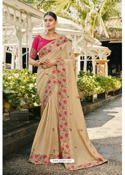 Light Beige Silk Satin Georgette Designer Party Wear Saree