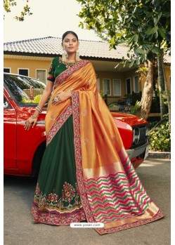 Orange And Green Silk Satin Georgette Designer Party Wear Saree