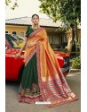 Orange And Green Silk Satin Georgette Designer Party Wear Saree