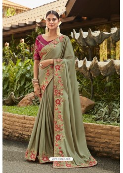 Olive Green Silk Satin Georgette Designer Party Wear Saree