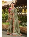 Olive Green Silk Satin Georgette Designer Party Wear Saree