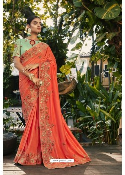 Dark Peach Silk Satin Georgette Designer Party Wear Saree