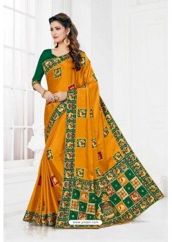 Mustard Satin Silk Heavy Designer Wedding Saree