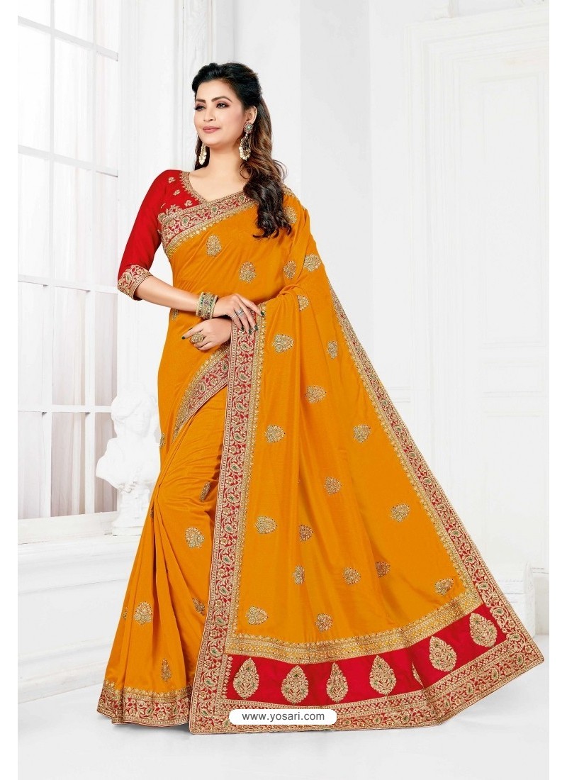 Buy Yellow Vichitra Silk Heavy Designer Wedding Saree | Wedding Sarees