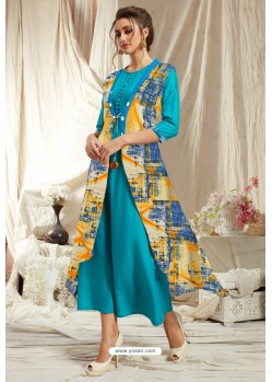 Turquoise Rayon Readymade Kurti With Georgette Jacket
